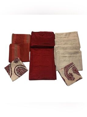 9pc Window Set: Red Extra Wide Patio Panel 209x55, 4 Beige & 2 Striped Curtains